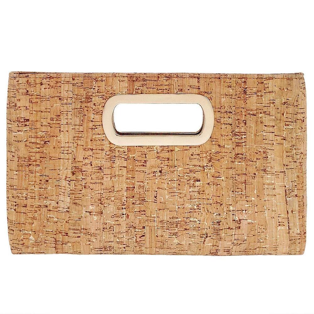 9863 Cork Top Handle Clutch , Natural Cork Handbag with Detachable Gold